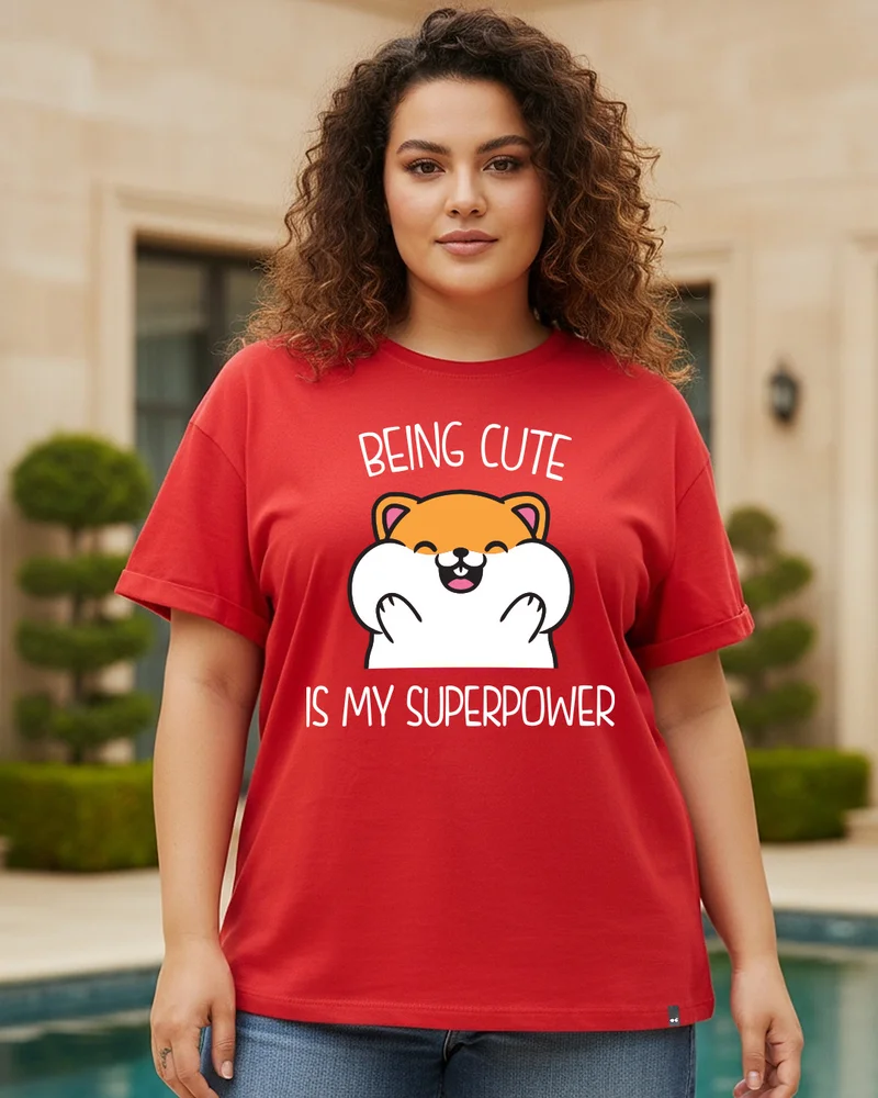 بيواكوف Women's Bold Red Being Cute Is My Super Power Graphic Printed Boyfriend Plus Size T-shirt