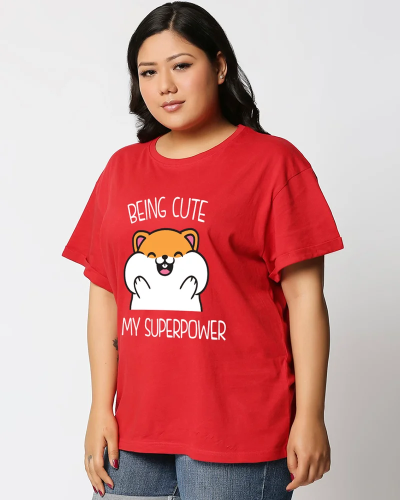 بيواكوف Women's Bold Red Being Cute Is My Super Power Graphic Printed Boyfriend Plus Size T-shirt