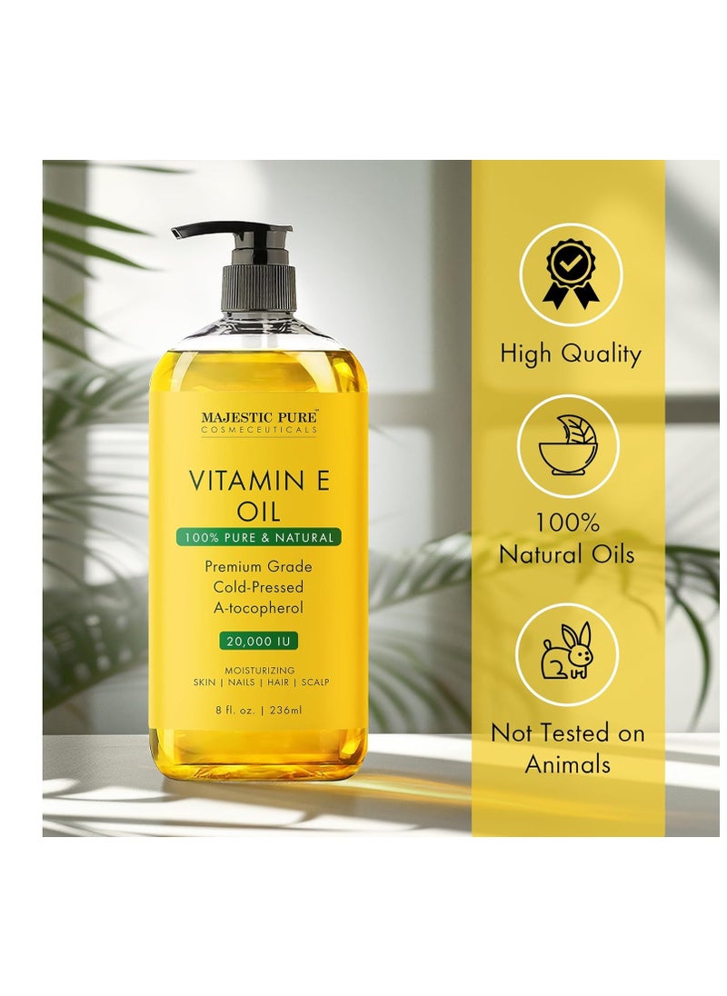 Majestic Pure - MAJESTIC PURE Vitamin E Oil - 100% Pure & Natural, 20,000 IU | Premium Grade, Cold-Pressed and Tocopherol to Repair Dry, Damaged Skin| Moisturizing Skin, Hair and Scalp 8Fl Oz - Image 1