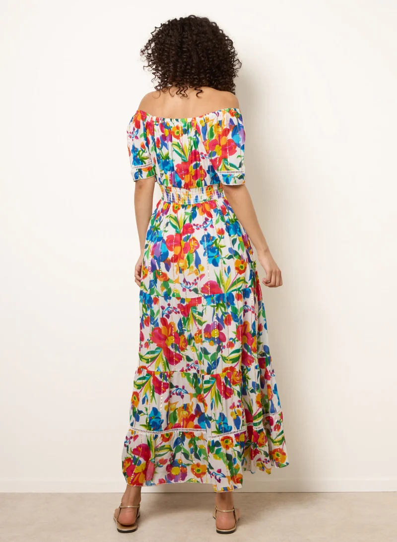 Blue Vanilla Bardot Tassel Tie Tiered Maxi Dress