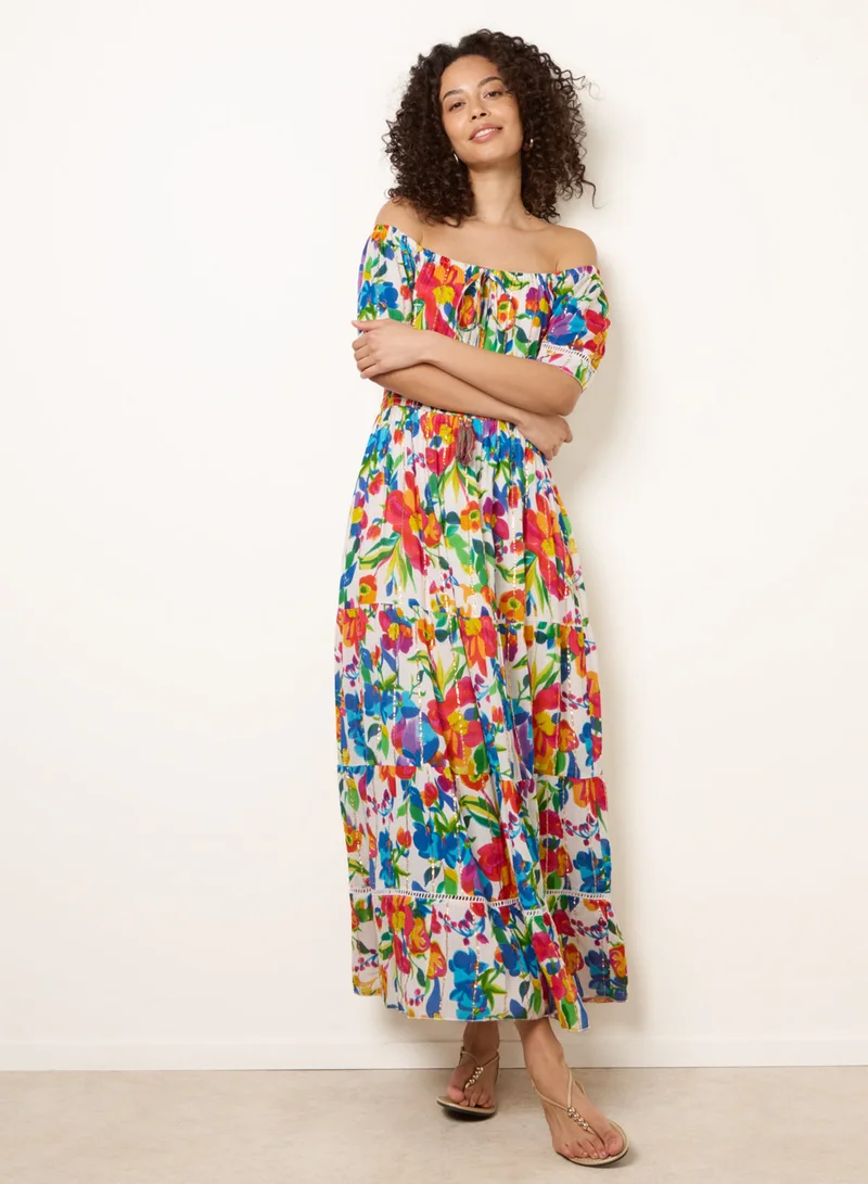 Blue Vanilla Bardot Tassel Tie Tiered Maxi Dress