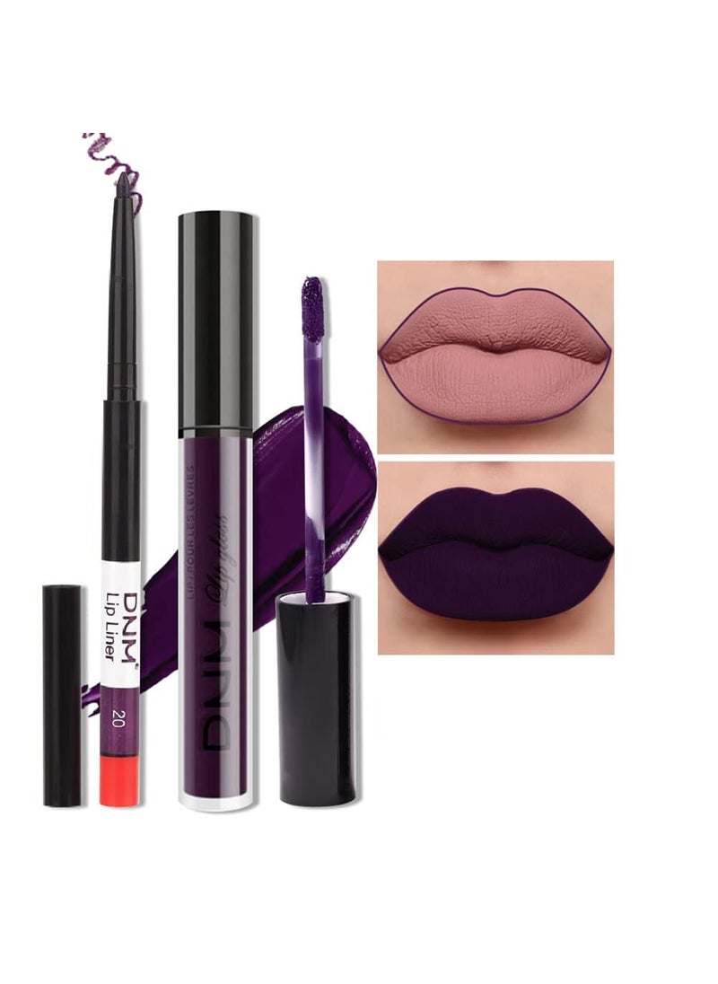 AMY'S DIARY AMY'S DIARY 2Pcs Dark Purple Lip Liner and Lipstick Matte Makeup Set,Darkest Eggplant Plum Lipstick 24H with Lip Liner Set Matt Liquid Long Lasting Mate Dark Plum Dark Berry Lipstick (#20) 