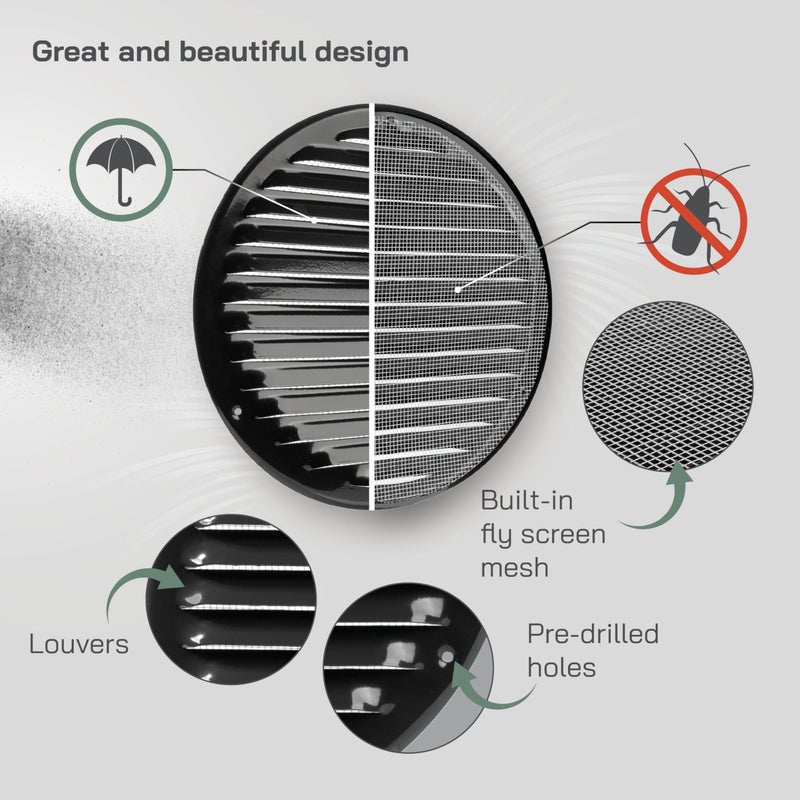 Vent Systems 8" Inch Black Round Soffit Vent Cover - Air Vent Louver with Built-in Mesh Screen â€“ Wall or Ceiling Ventilation Grille for Intake/Exhaust HVAC Systems â€“ Indoor and Outdoor Use - Image 3