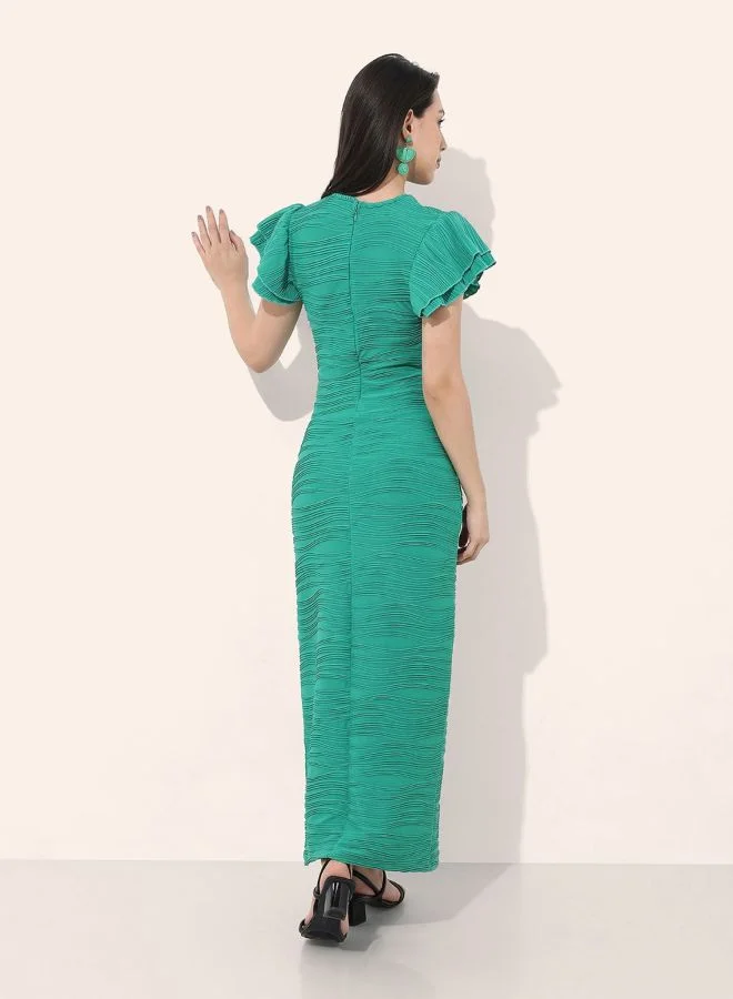 Freehand  Women Straight Fit Textured Round Neck Short Sleeve Ruffle Dress for Women | Best Price UAE