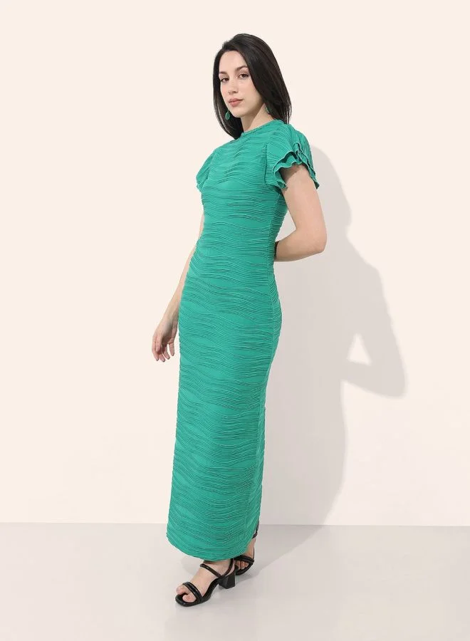 Freehand  Women Straight Fit Textured Round Neck Short Sleeve Ruffle Dress for Women | Best Price UAE