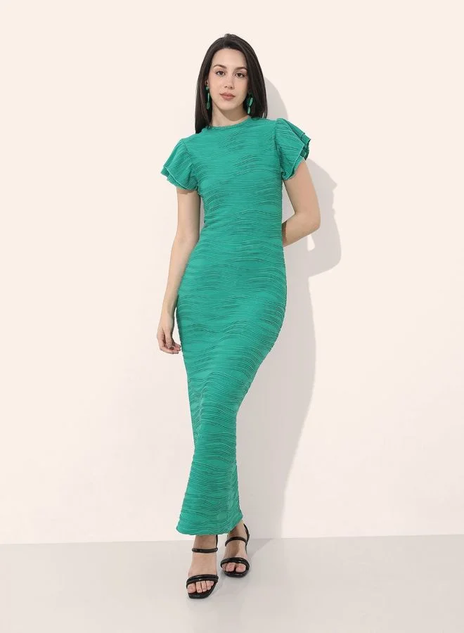 Freehand  Women Straight Fit Textured Round Neck Short Sleeve Ruffle Dress for Women | Best Price UAE