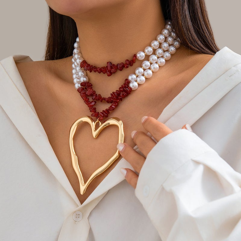 SHIXIN European and American Cross-Border Jewelry: Niche Beaded Imitation Pearl Necklace with Retro Big Heart Turquoise Pendant for Women - Image 3