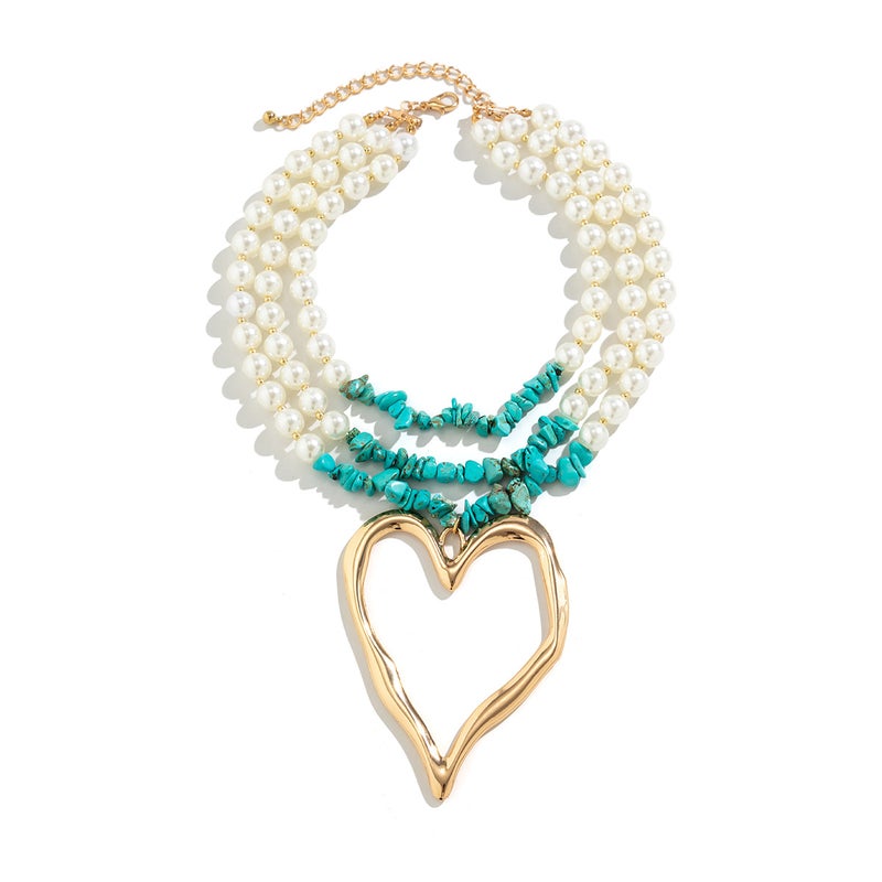 SHIXIN European and American Cross-Border Jewelry: Niche Beaded Imitation Pearl Necklace with Retro Big Heart Turquoise Pendant for Women - Image 5