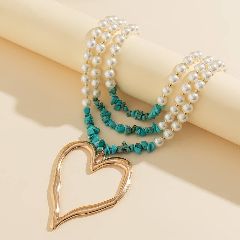 SHIXIN European and American Cross-Border Jewelry: Niche Beaded Imitation Pearl Necklace with Retro Big Heart Turquoise Pendant for Women - Image 4