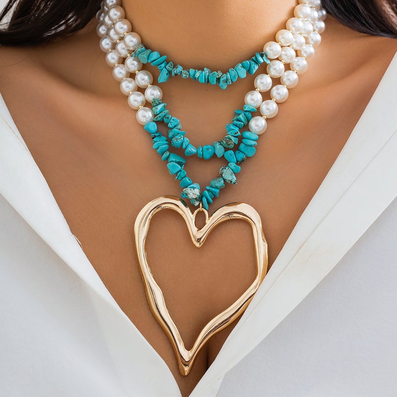 SHIXIN European and American Cross-Border Jewelry: Niche Beaded Imitation Pearl Necklace with Retro Big Heart Turquoise Pendant for Women - Image 2