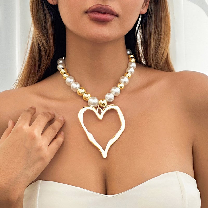 SHIXIN European and American Cross-Border Jewelry: Niche Beaded Imitation Pearl Necklace with Retro Big Heart Turquoise Pendant for Women - Image 1