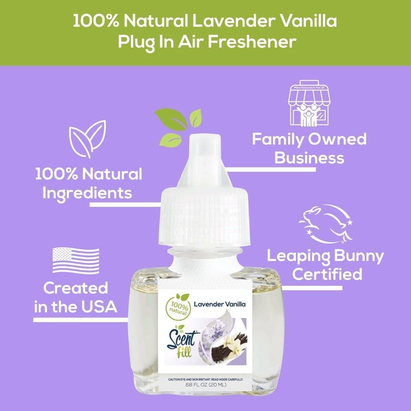 Scent Fill 100% Natural Lavender Vanilla Plug in Air Freshener, Scented Oil Refills, 2 Refills + Diffuser - Image 3