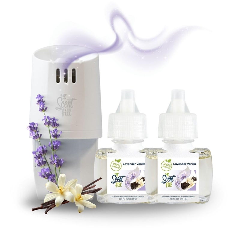 Scent Fill 100% Natural Lavender Vanilla Plug in Air Freshener, Scented Oil Refills, 2 Refills + Diffuser - Image 1