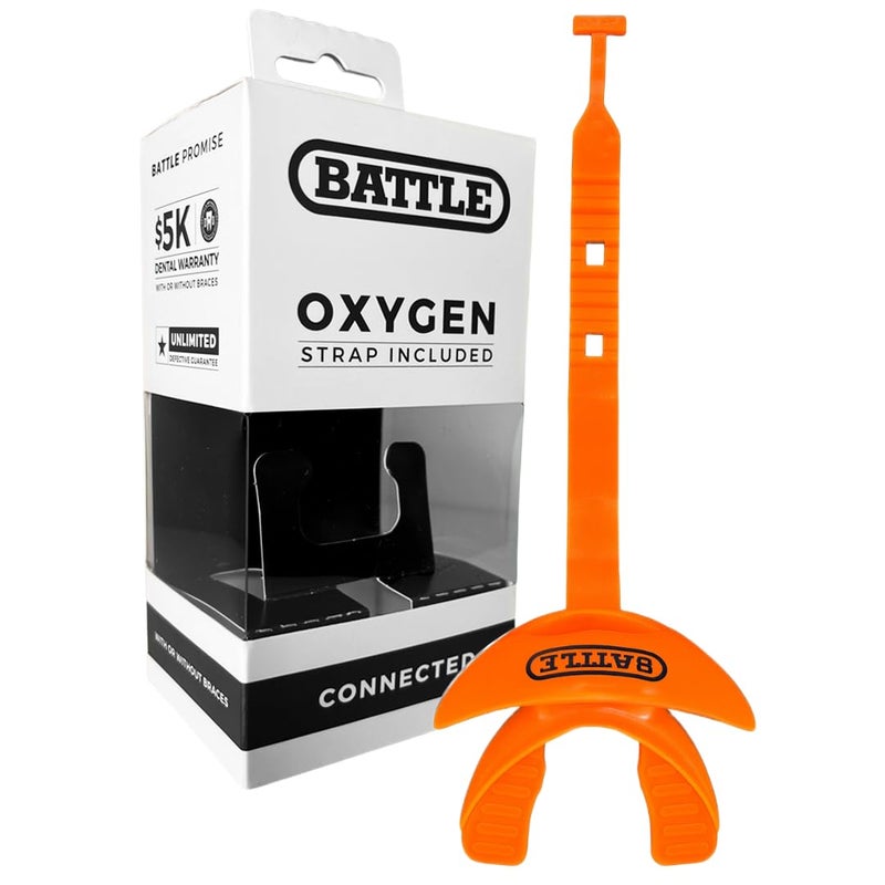 Battle Oxygen Lip Protector Mouth Guard with Connected Strap, Football and Sports Gear, Maximum Oxygen Supply, Mouthpiece Fits With or Without Braces - One Size, Orange - Image 1
