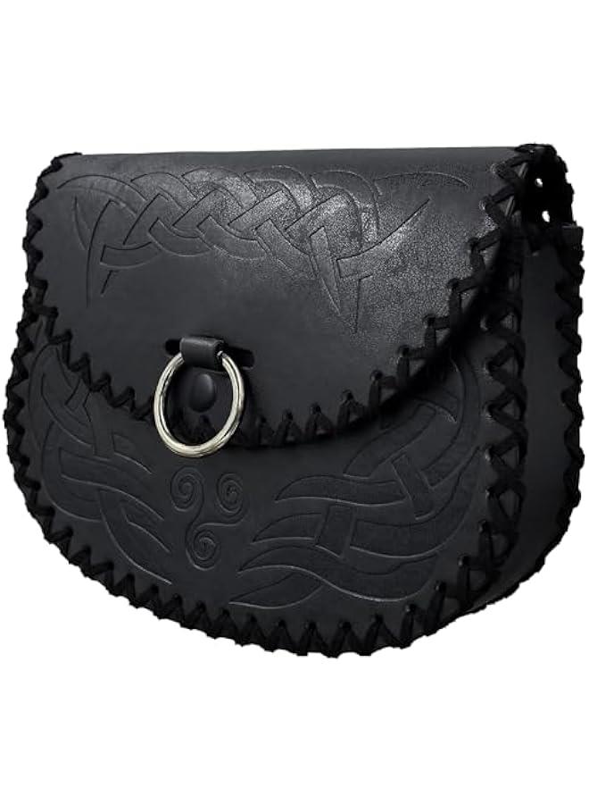 Viking Embossed Belt Bag, Vintage Medieval Faux Leather Side Pack, Middle Ages Portable Belt Pouch For LARP Ren Faire (Black B)  - Image 2