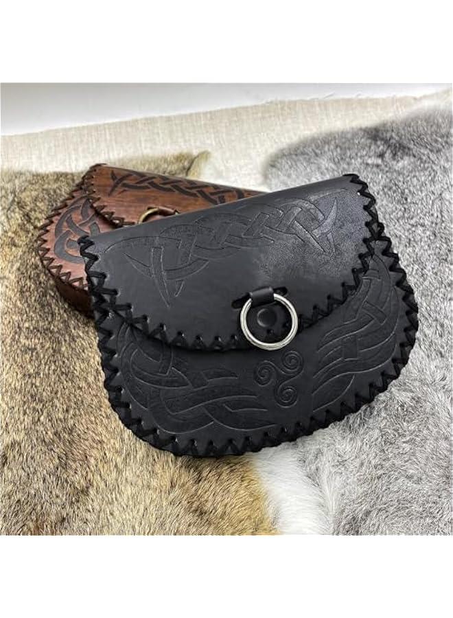 Viking Embossed Belt Bag, Vintage Medieval Faux Leather Side Pack, Middle Ages Portable Belt Pouch For LARP Ren Faire (Black B)  - Image 5