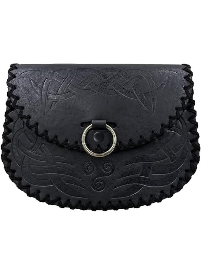 Viking Embossed Belt Bag, Vintage Medieval Faux Leather Side Pack, Middle Ages Portable Belt Pouch For LARP Ren Faire (Black B)  - Image 1