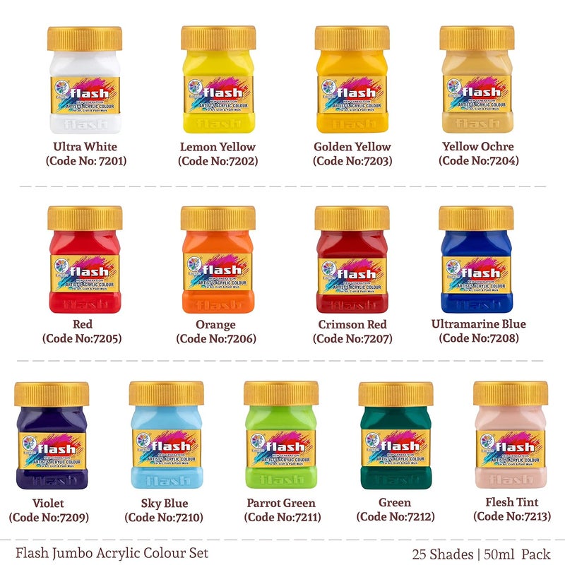 Flash Acrylic Colour Set For Adults Kids Professionals-25 Acrylic Painting Colour Set of 50ml Each-High Pigment Strength Eco Friendly Non Fading Non Toxic Multi Surface Acrylic Paint (50 ml each, 25 Colours) - Image 4