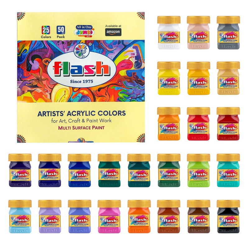 Flash Acrylic Colour Set For Adults Kids Professionals-25 Acrylic Painting Colour Set of 50ml Each-High Pigment Strength Eco Friendly Non Fading Non Toxic Multi Surface Acrylic Paint (50 ml each, 25 Colours) - Image 1