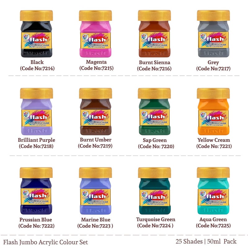 Flash Acrylic Colour Set For Adults Kids Professionals-25 Acrylic Painting Colour Set of 50ml Each-High Pigment Strength Eco Friendly Non Fading Non Toxic Multi Surface Acrylic Paint (50 ml each, 25 Colours) - Image 3