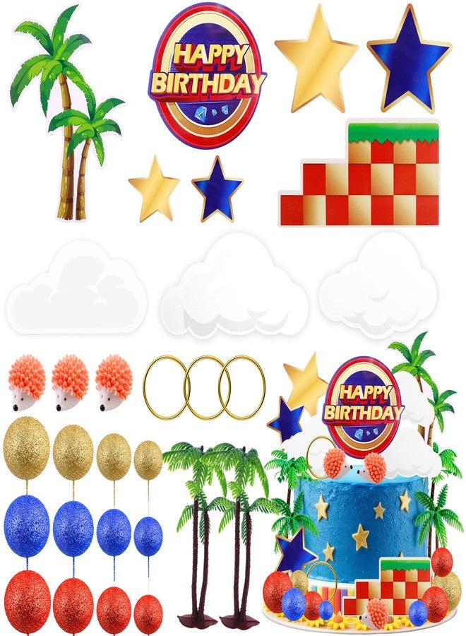 MEMOVAN Hedgehog Cake Topper 29PCS Cartoon Themed Happy Birthday Cake Topper Red Blue Yellow Ball Cake Cupcake Toppers with Tree Circle Blue Hedgehog Stars for Baby Shower Birthday - Image 1