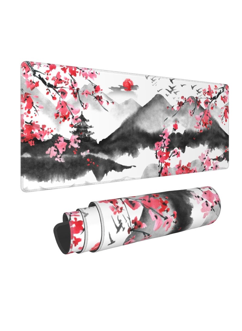 Excefore Japanese Cherry Blossom Gaming Mouse Pad, 31.5 X 11.8 Inch XL Pink Watercolor Design Mousepad Extended Large Laptop Keyboard Mouse Mat Non-Slip Rubber Base with Stitched Edges for Home Office - Image 1