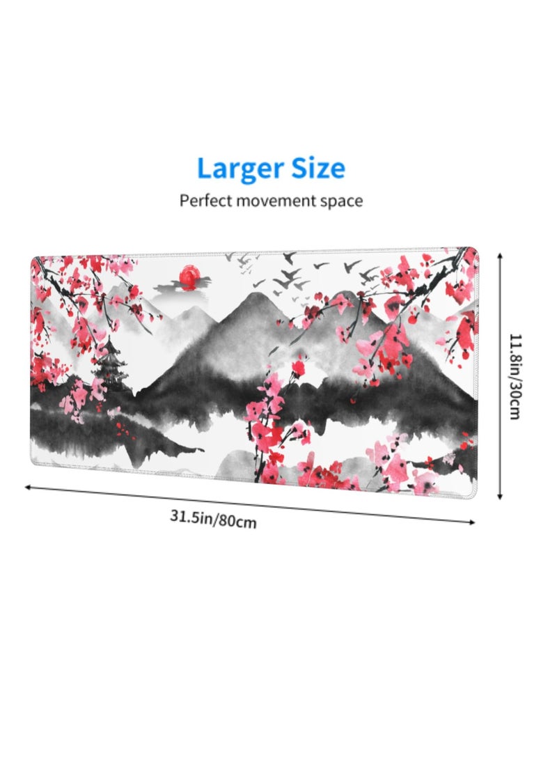 Excefore Japanese Cherry Blossom Gaming Mouse Pad, 31.5 X 11.8 Inch XL Pink Watercolor Design Mousepad Extended Large Laptop Keyboard Mouse Mat Non-Slip Rubber Base with Stitched Edges for Home Office - Image 3