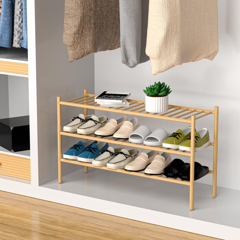ROMGUAR CRAFT 3-Tier Bamboo Long Shoe Rack, Free Standing Wood Shoe Shelf Storage Organizer for Closet Entryway Stackable 35"x11"x20" (Natural) - Image 3
