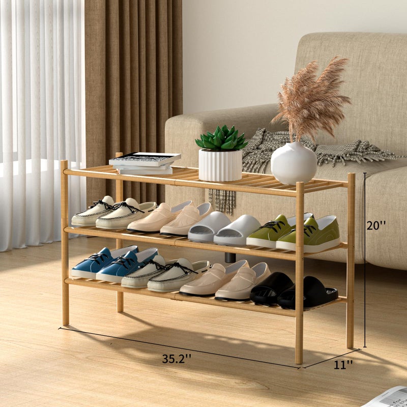 ROMGUAR CRAFT 3-Tier Bamboo Long Shoe Rack, Free Standing Wood Shoe Shelf Storage Organizer for Closet Entryway Stackable 35"x11"x20" (Natural) - Image 5