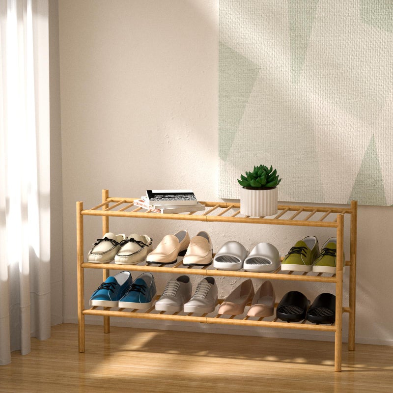 ROMGUAR CRAFT 3-Tier Bamboo Long Shoe Rack, Free Standing Wood Shoe Shelf Storage Organizer for Closet Entryway Stackable 35"x11"x20" (Natural) - Image 2