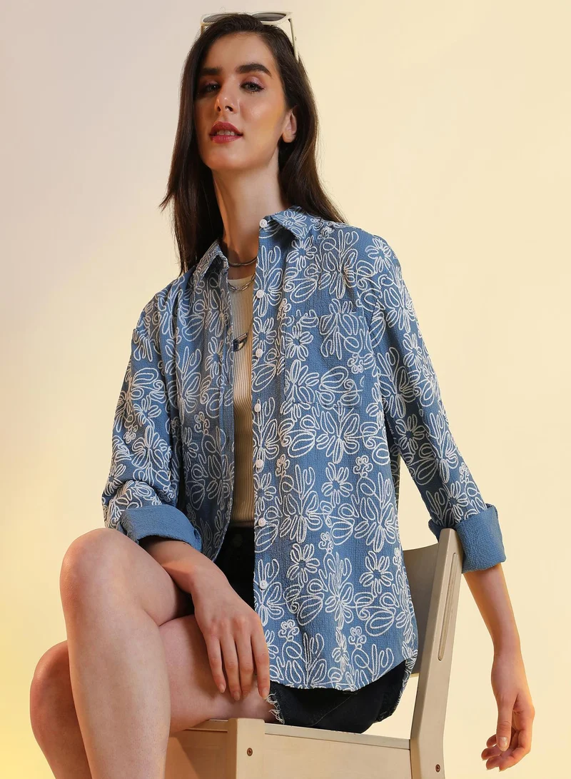 بينيا كولادا قميص واسع مبطن بالزهور للارتداء الكاجوال بياقة عريضة وأكمام طويلة وإغلاق بأزرار للنساء والفتيات