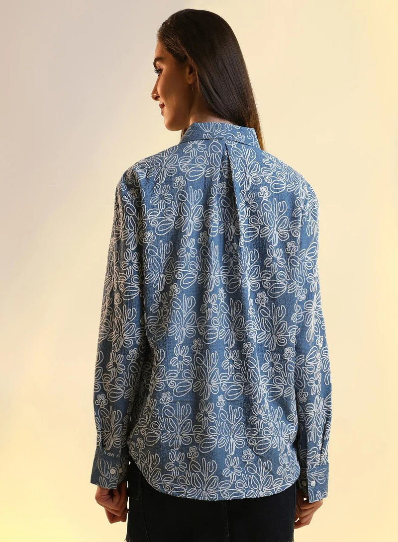 PINACOLADA  Women's Steel Blue Floral-Lined Oversized Shirt | نسائي | طوق منتشر | أكمام طويلة | مطبوع | كاجوال ويومي | قميص واسع for Women | Best Price UAE