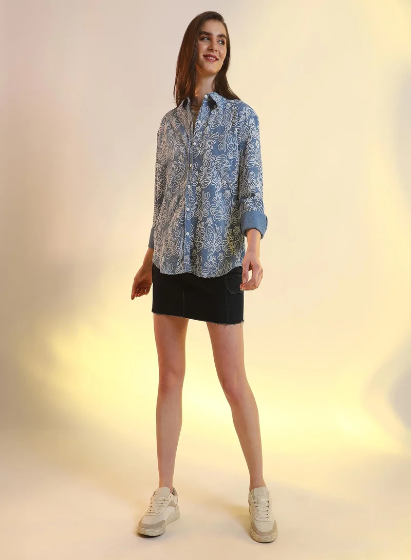PINACOLADA  Women's Steel Blue Floral-Lined Oversized Shirt | نسائي | طوق منتشر | أكمام طويلة | مطبوع | كاجوال ويومي | قميص واسع for Women | Best Price UAE