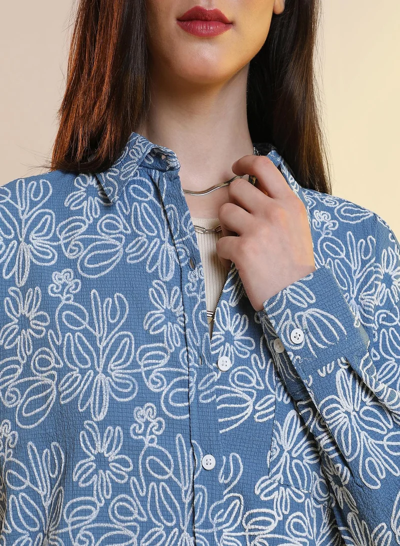 PINACOLADA  Women's Steel Blue Floral-Lined Oversized Shirt | نسائي | طوق منتشر | أكمام طويلة | مطبوع | كاجوال ويومي | قميص واسع for Women | Best Price UAE