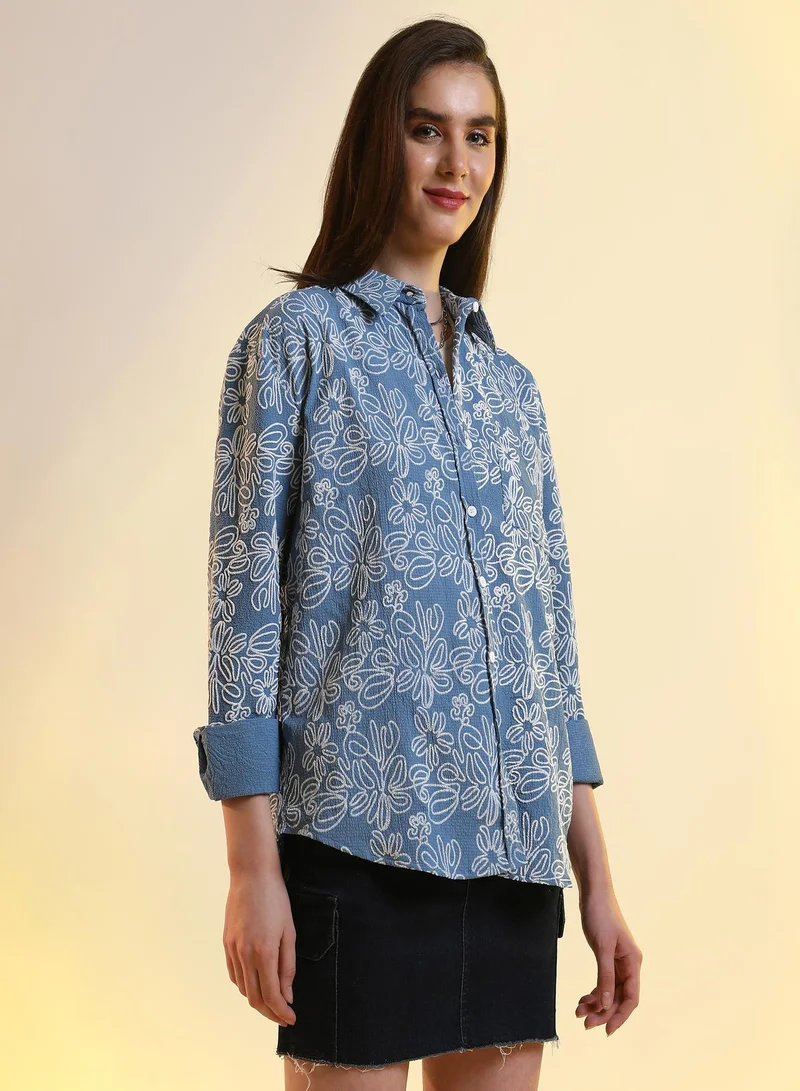 PINACOLADA  Women's Steel Blue Floral-Lined Oversized Shirt | نسائي | طوق منتشر | أكمام طويلة | مطبوع | كاجوال ويومي | قميص واسع for Women | Best Price UAE