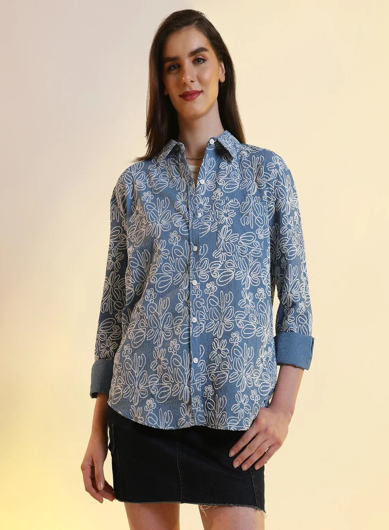 بينيا كولادا قميص واسع مبطن بالزهور للارتداء الكاجوال بياقة عريضة وأكمام طويلة وإغلاق بأزرار للنساء والفتيات