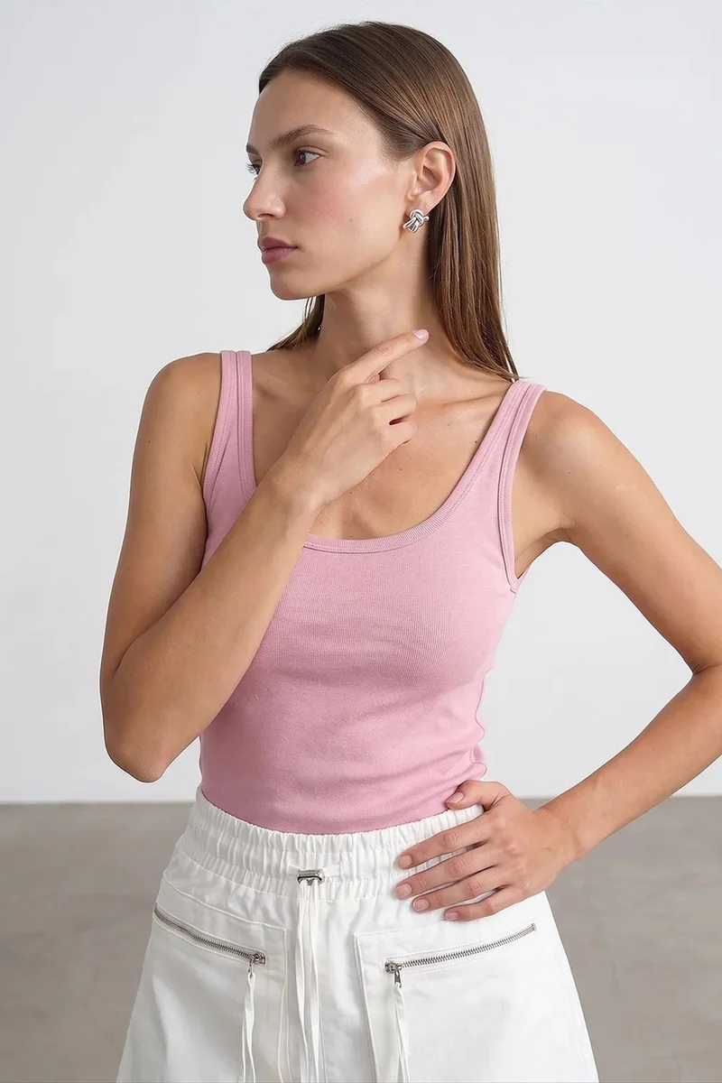 Dilvin Blush Pink DILVIN Ribbed Fitted Camisole Top for Women | Best Price UAE