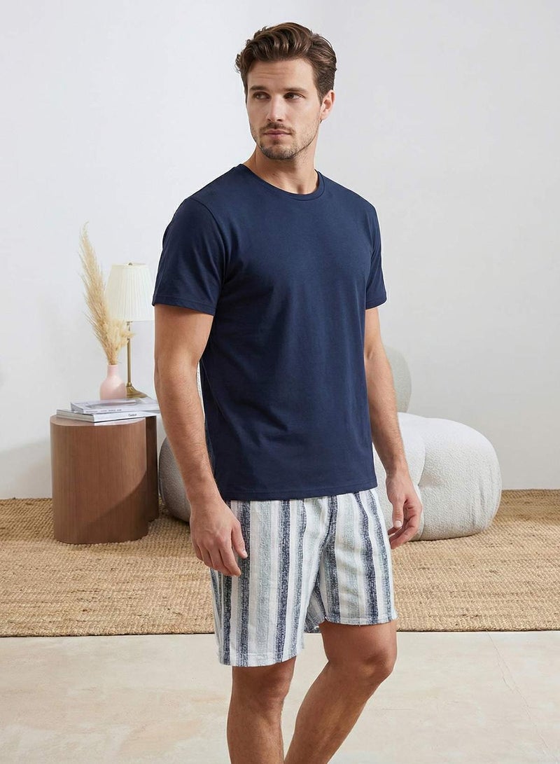 trendyol Indigo Regular Cut Striped Cotton Knitted Pajama Set Tmnss26Pt00032 - Image 1