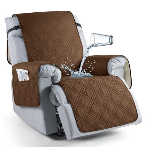 TAOCOCO 100% Waterproof Recliner Chair Cover, Non Slip Recliner Covers for Recliner Chair with Pocket, Washable Reclining Chair Cover Furniture Protector for Kids,Dogs(23.6'', Brown) - Image 1