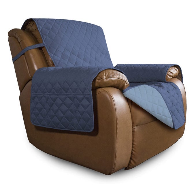 EASYGOING OVERSIZED RECLINER COVER REVERSIBLE COUCH COVER SOFA COVER FOR LIVING ROOM WATER RESISTANT FURNITURE PROTECTOR WITH ELASTIC STRAPS FOR PETS KIDS OVERSIZED RECLINER DARK BLUELIGHT BLUE