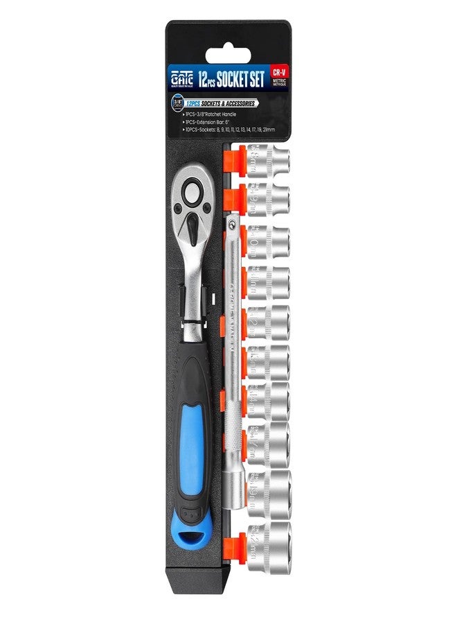 PGROUP 12PCS 3/8" Drive Metric Socket Wrench Set, 90-Tooth Reversible Ratchet Handle，6 Point Shallow Sockets (8-21mm) and Extension Bar 6", CR-V Steel, Tool Set For Car,Motorcycle,Bike Repair - Image 1
