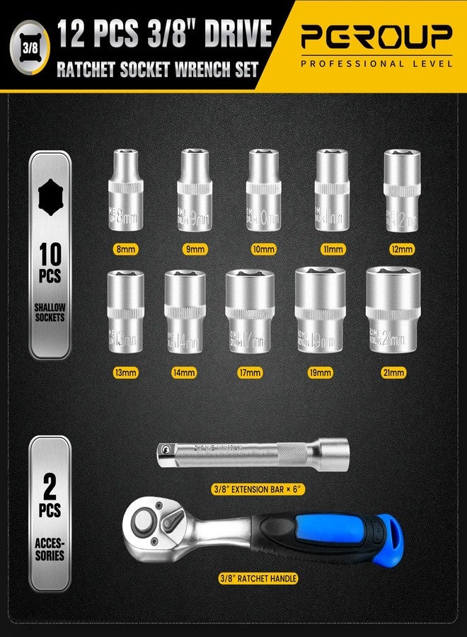 PGROUP 12PCS 3/8" Drive Metric Socket Wrench Set, 90-Tooth Reversible Ratchet Handle，6 Point Shallow Sockets (8-21mm) and Extension Bar 6", CR-V Steel, Tool Set For Car,Motorcycle,Bike Repair - Image 3