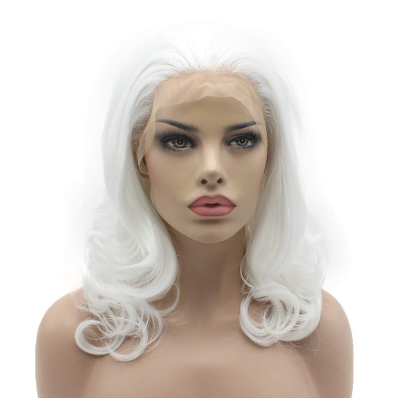 Lushy Lushy Medium Length White Wig Heat Friendly Heavy Density Realistic Synthetic Lace Front Wig 