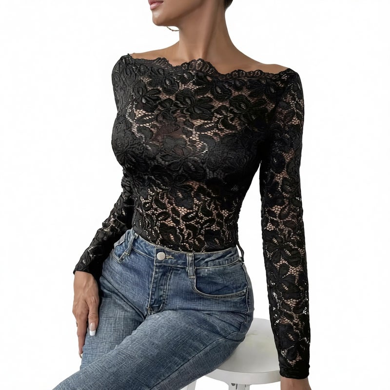 Scoop Neck Off Shoulder Single Layer Lace Slim Fit Long Sleeve T-Shirt Top - Image 1