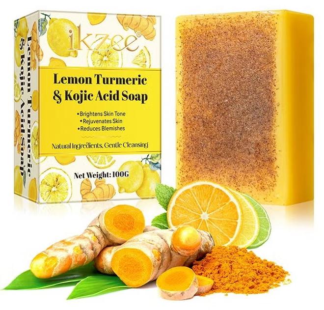 IKZEE Lemon Turmeric and Kojic Acid Soap,Turmeric Soap Bar,Gentle Skin Brightening Soap,Dark Spot Corrector Remover,Deep Cleansing Solid Soap Bars,Natural Face Soap for Fine Lines Acne Scars 100g - Image 1