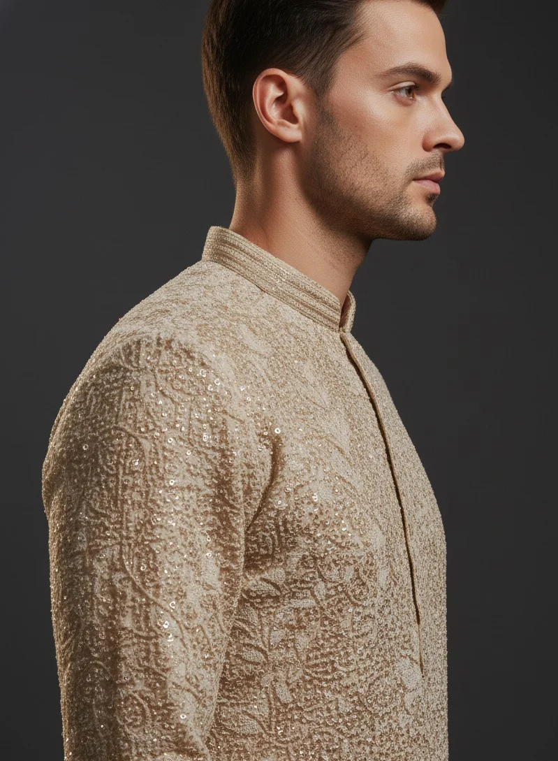 Lehar  Beige Sequin Embroidered Kurta Set for Men | Best Price UAE