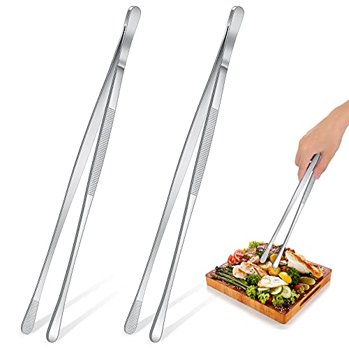 Perthlin 2 Pieces 12 Inch Tweezer Tongs Extra-long Kitchen Stainless Steel Cooking Tweezers with Round Tip Cooking Tongs for Grill, BBQ, Pasta - Image 1