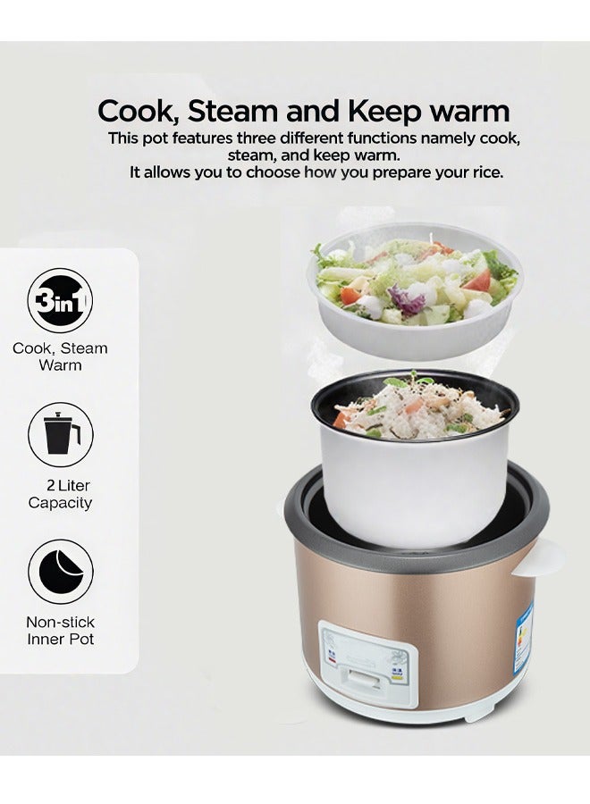 Electric Rice Cooker With Non-Stick Inner Pot, Includes Cook, Steam and Keep Warm Function, Equipped With Non-Stick Inner Pot, Rice Spoon, Plastic Inner Steamer And Measuring Cup, Cool Touch Handle, 2L 400W - Image 2