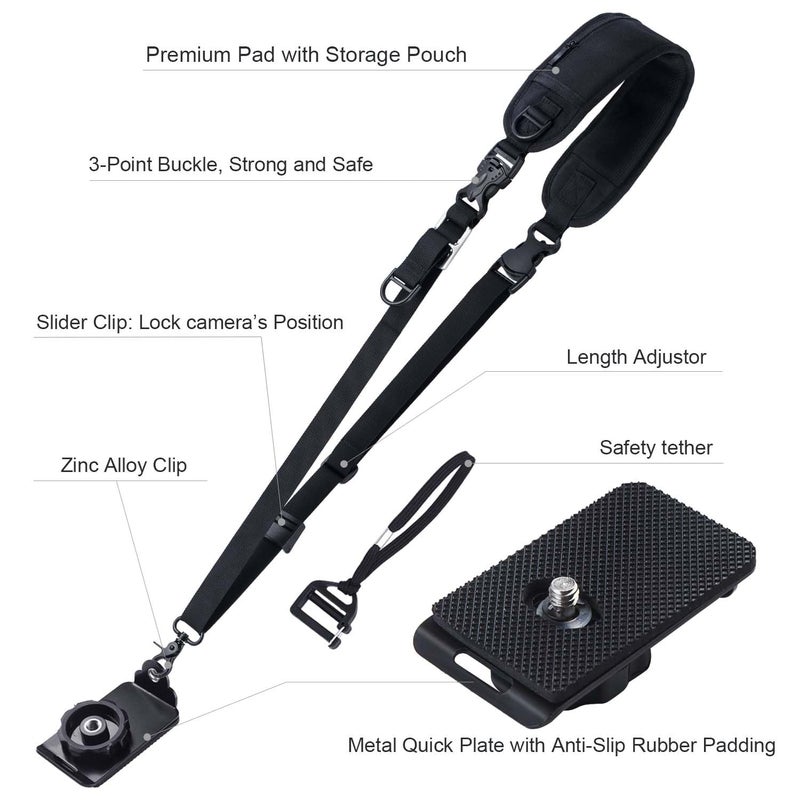 waka Rapid Camera Neck Strap with Quick Release and Safety Tether, Adjustable Camera Shoulder Sling Strap for Nikon Canon Sony Olympus DSLR Camera - Black - Image 2