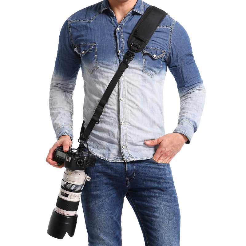 waka Rapid Camera Neck Strap with Quick Release and Safety Tether, Adjustable Camera Shoulder Sling Strap for Nikon Canon Sony Olympus DSLR Camera - Black - Image 1